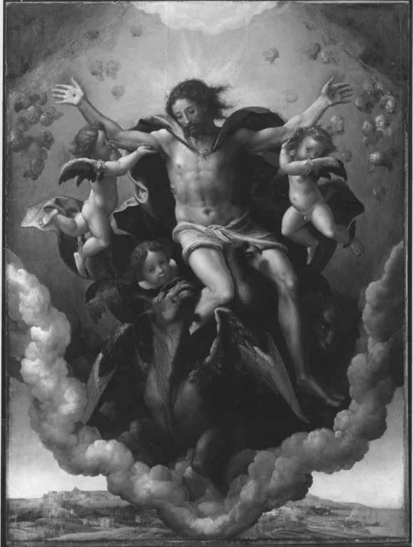 Ezekiel's vision of God sitting on his throne carried by four tetramorphs, each of them having four wings; wheels within wheels beside them (Ezekiel 1), detail