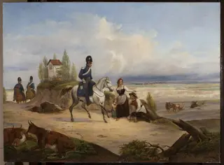 Military patrol and peasants, by January Suchodolski, oil, 1846