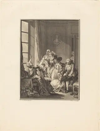 Julie s'évanouit dans un fauteuil, by Noël Le Mire, ink, 1762