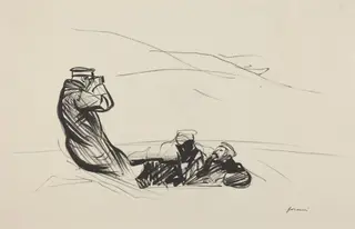 a) Looking for the Enemy (recto); b) Sketch for Looking for the Enemy (verso), by Jean-Louis Forain, ink, 1916