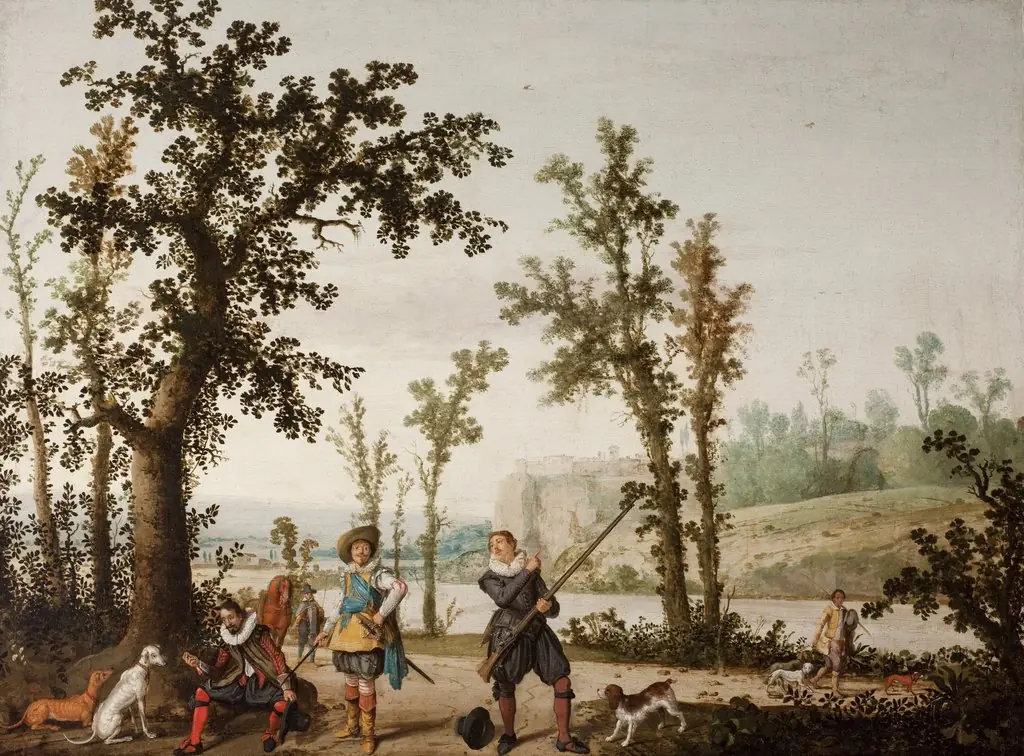 Landscape with Hunters, by Cornelis Vroom, oil, 1626