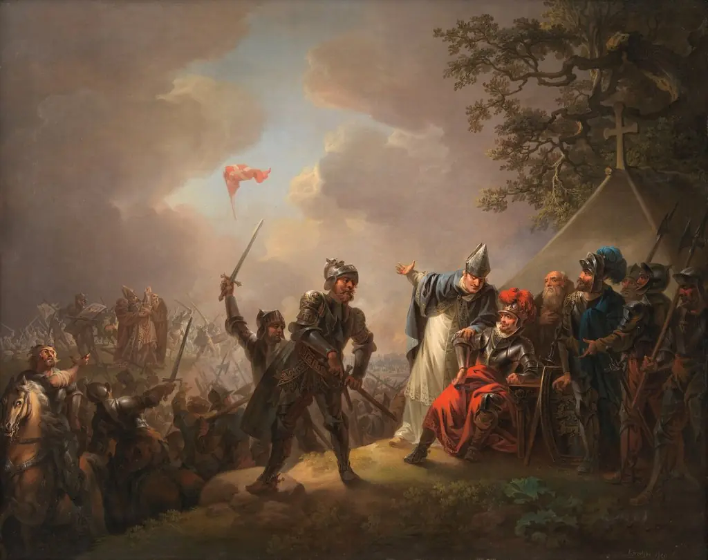 The Legend of the Danish Flag (the Dannebrog) Falling from the Heavens during the Battle of Lyndanise in Estonia in 1219, by Christian August Lorentzen, oil, 1809