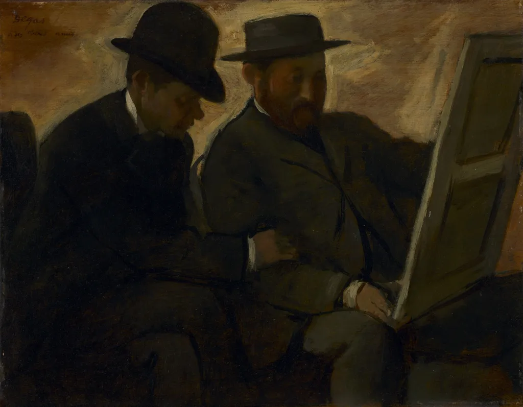 Paul Lafond and Alphonse Cherfils Examining a Painting, by Edgar Degas, unspecified, 1873