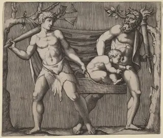 Two Fauns Carrying a Child, by Marcantonio Raimondi, ink, 1514