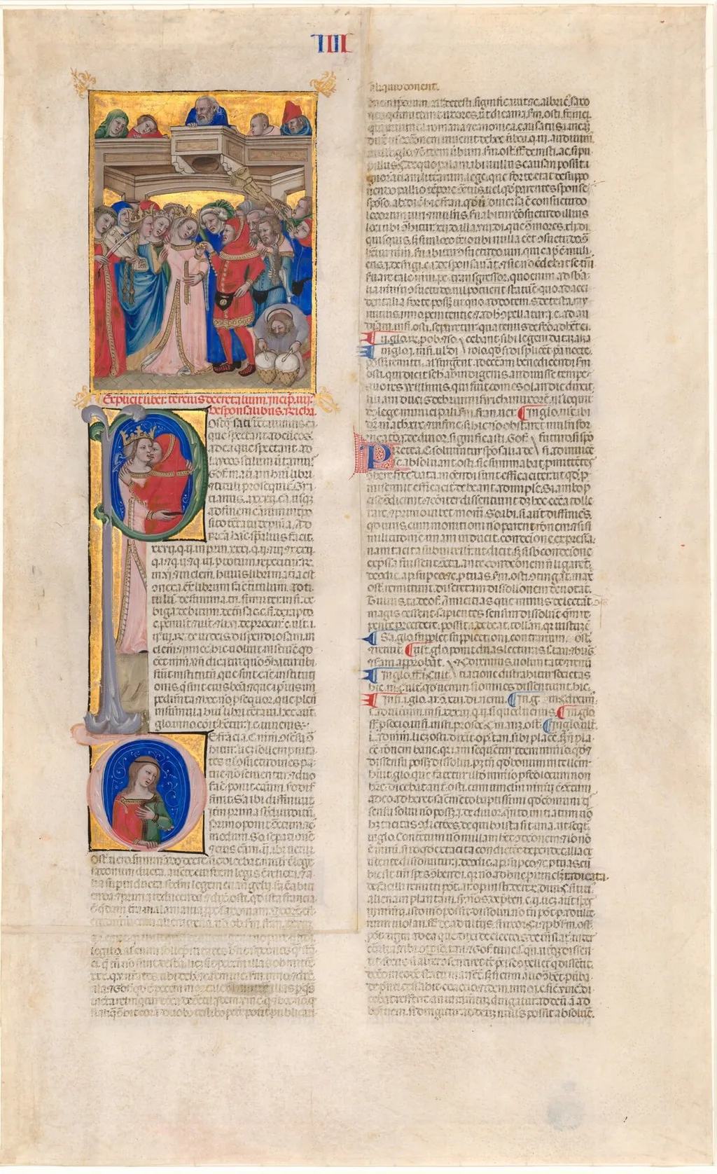 The Marriage; the Kiss of the Bride (initial P); the Bride Abandoned (initial D), by Niccolò di Giacomo da Bologna, 1354