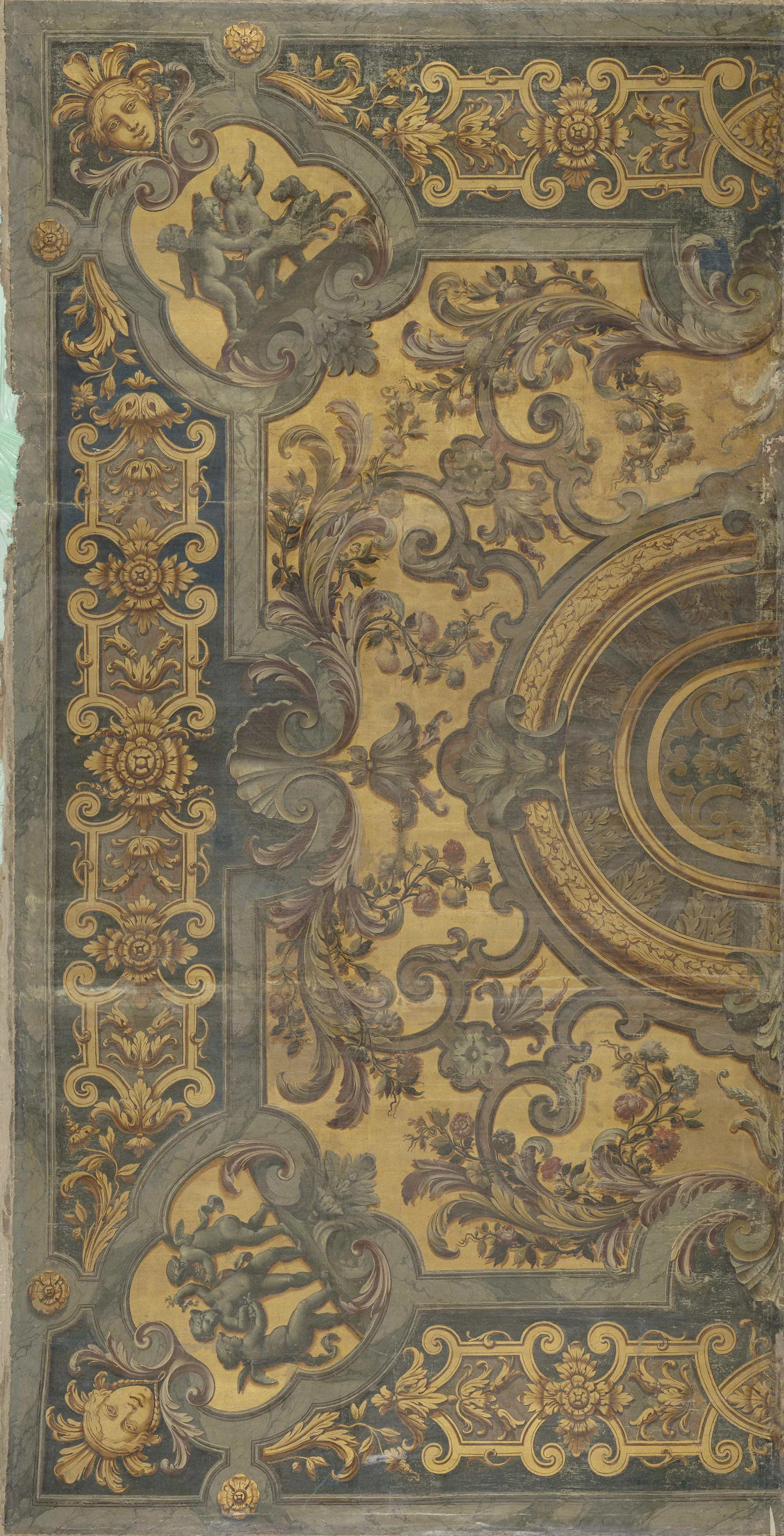 Ornamentale plafondschildering met in de hoeken voorstellingen van putti, detail