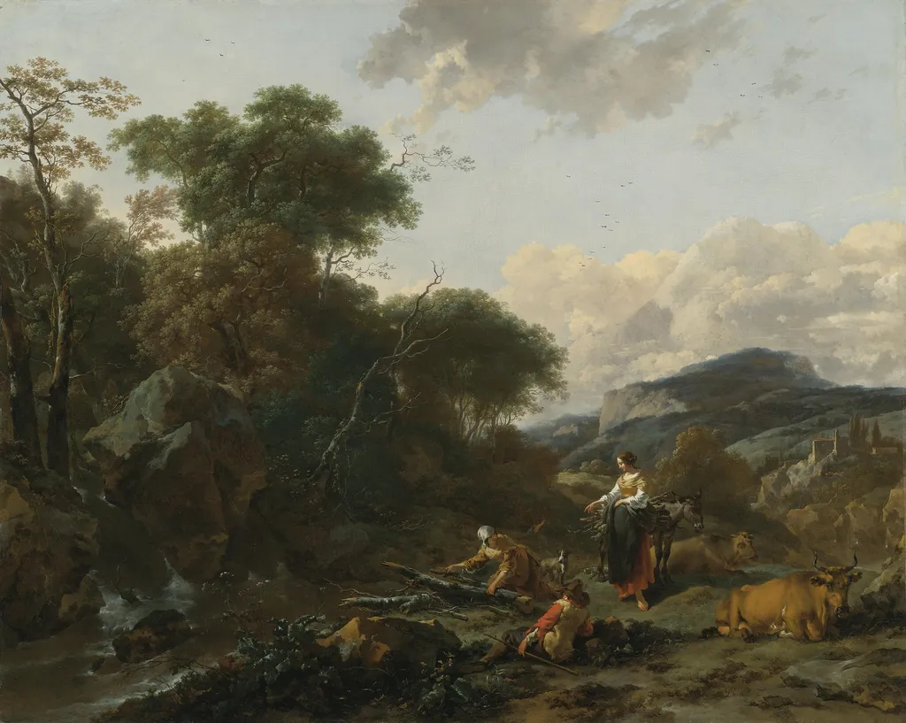 Landscape with Figures, by Nicolaes Pieterszoon Berchem, oil, 1657