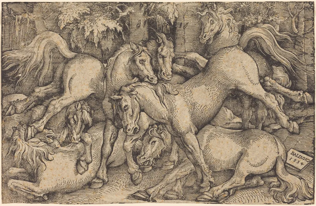 Group of Seven Horses in Woods, by Hans Baldung Grien, ink, 1534