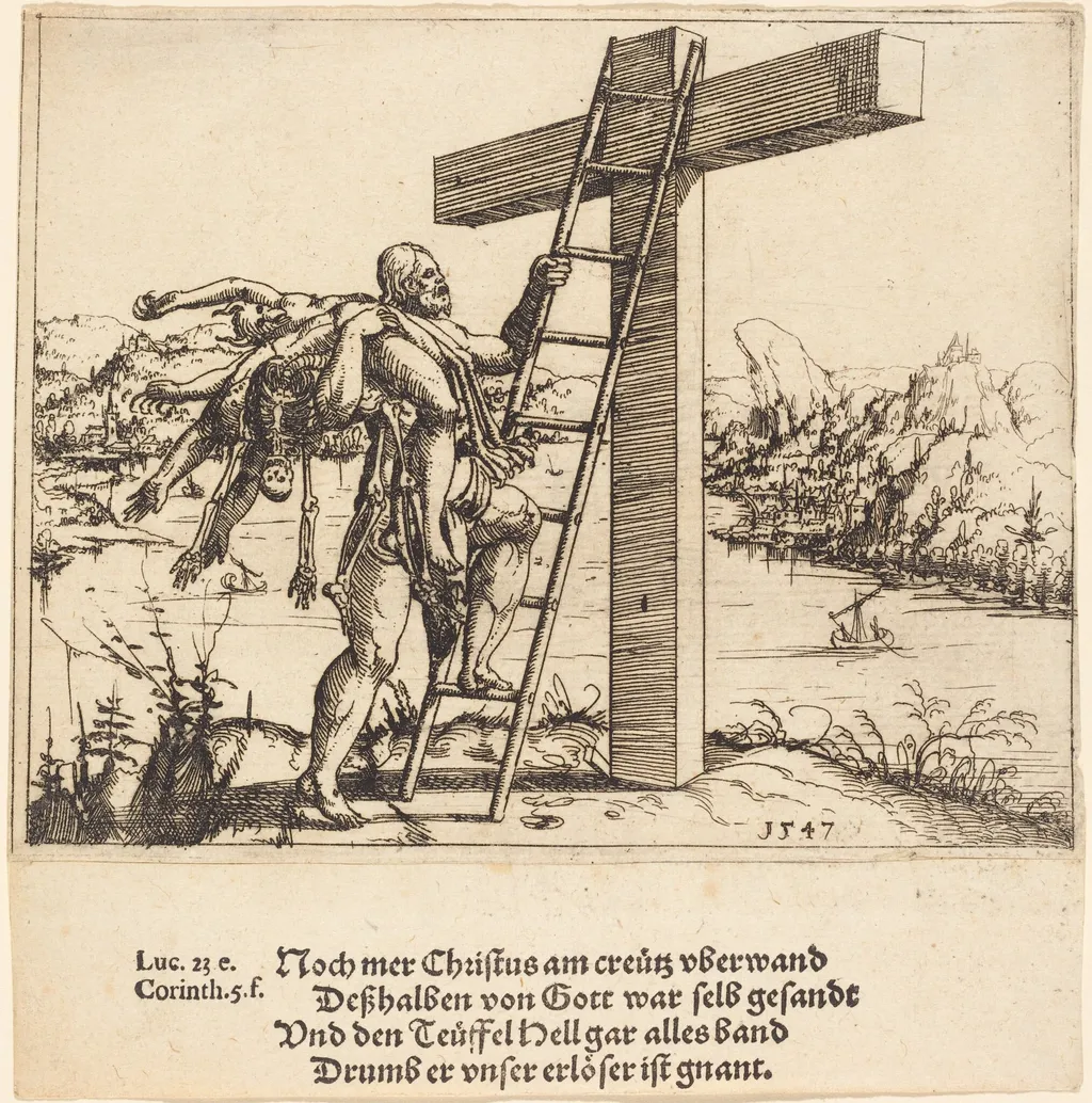 Christ Ascending the Cross with Sin, Death, and the Devil, by Augustin Hirschvogel, ink, 1547
