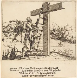 Christ Ascending the Cross with Sin, Death, and the Devil, by Augustin Hirschvogel, ink, 1547