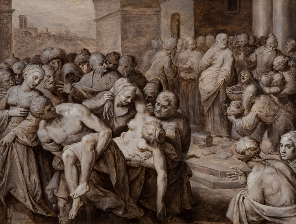 Death of Sapphira, by Ambrosius Francken I, oil, 1600