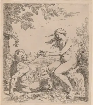 Adam and Eve, by Simone Cantarini, ink, 1644