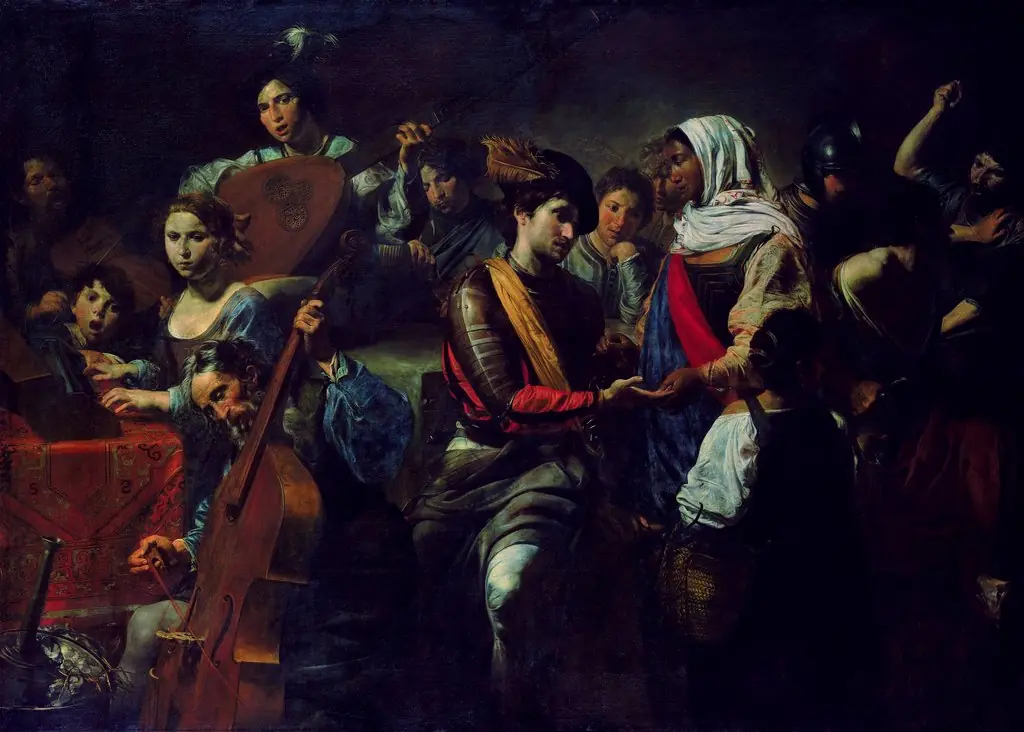 Cheerful company with fortune-teller, by Valentin de Boulogne, oil, 1631