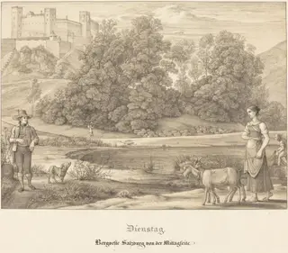Dienstag - Bergveste Salzburg vor der Mittagseit (Tuesday - The Castle of Salzburg from the Noontime Side), by Ferdinand Olivier, ink, 1823