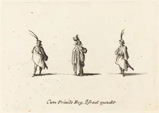 Lady in Long Cloak, and Two Gentlemen, by Jacques Callot, ink, 1634