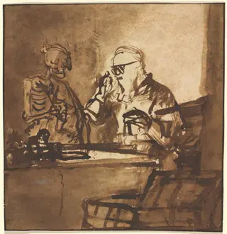 Death and the Miser, by Nicolaes Maes, ink, 1652