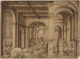 Four Evangelists in a Scriptorium, by Master I.K., ink, 1539