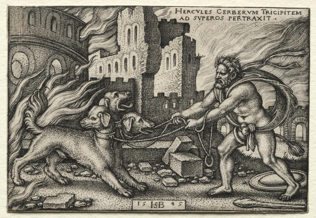 The Labors of Hercules: Hercules Dragging Cerberus from the Underworld, by Sebald Beham, 1545