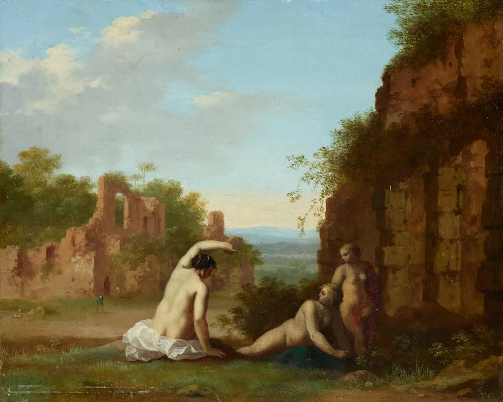 Roman Landscape with Nymphs, by Cornelius van Poelenburgh, paint