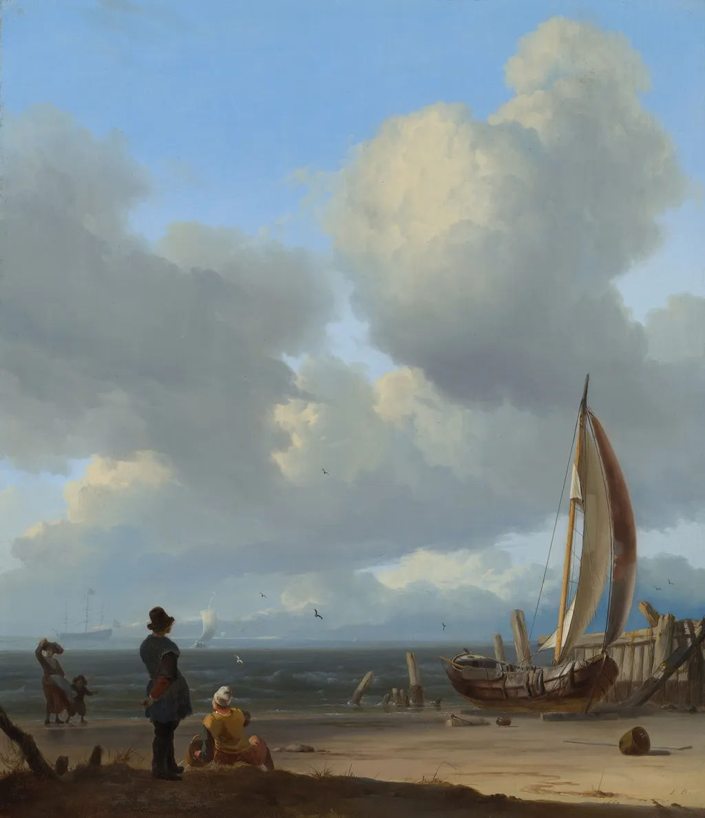 An extensive seascape with figures by a boat on a shore near Huisduinen, by Ludolf Bakhuizen, oil, 1667