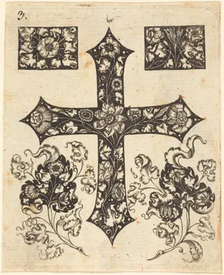 Cross Embellished with Flowers, by Johannes Hanias, ink, 1650