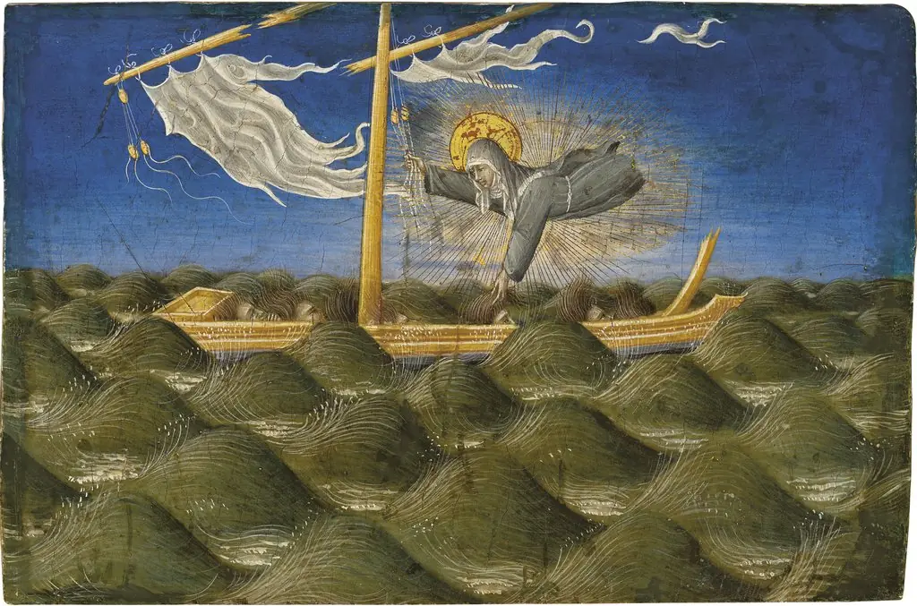 Saint Clare rescuing the shipwrecked, by Giovanni di Paolo, unspecified, 1457