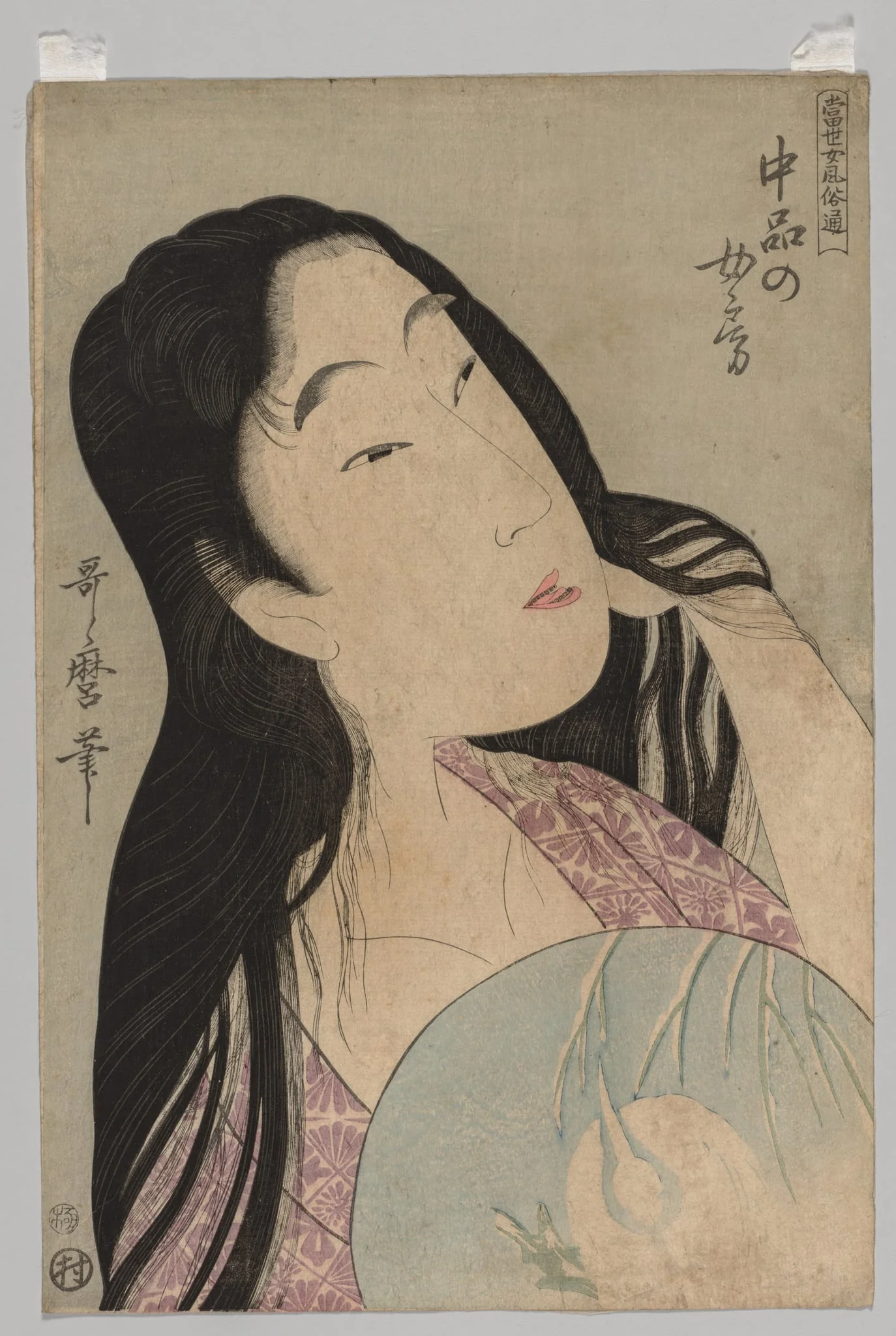 Bust of Woman with Loose Hair Holding Fan, detail