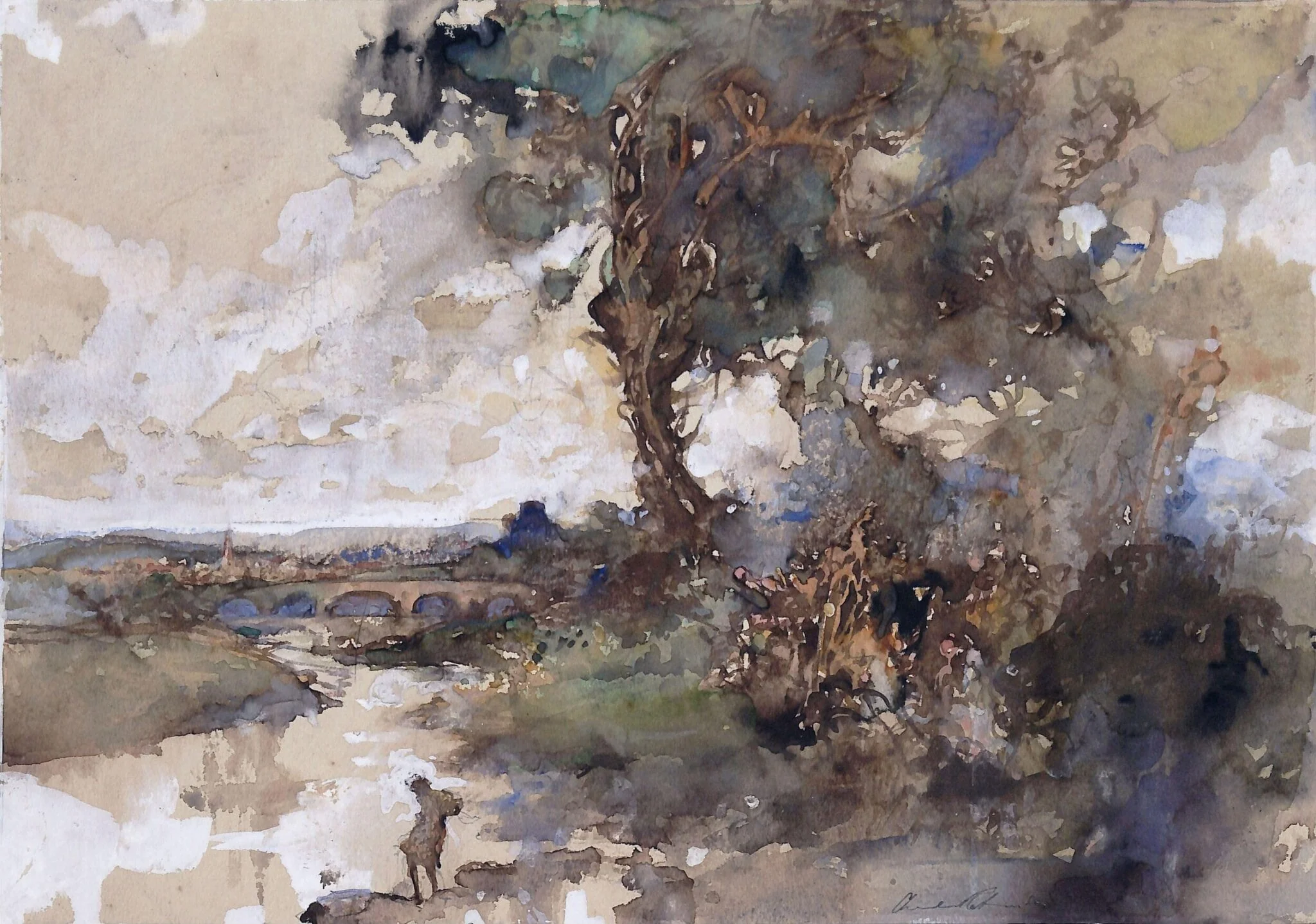 Figure by a river with a distant view of bridges and a town, detail