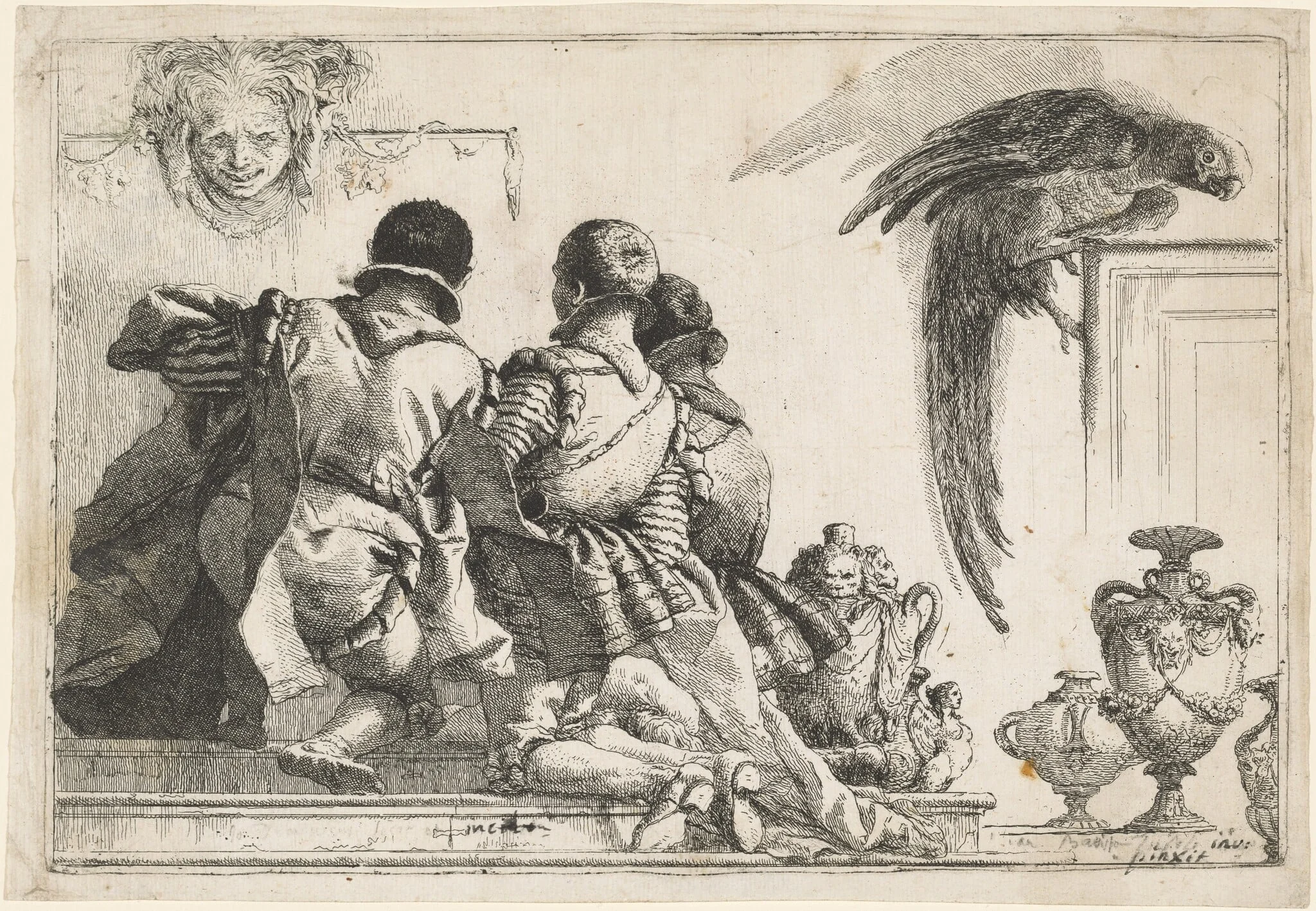 Kneeling Pages, a Mask, and a Parrot, detail