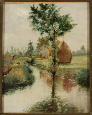 Haystacks at a stream, by Władysław Podkowiński, unspecified, 1890