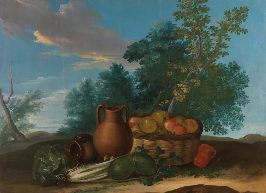 Bodegón de frutas y verduras, by Ginés Andrés de Aguirre, oil, 1701