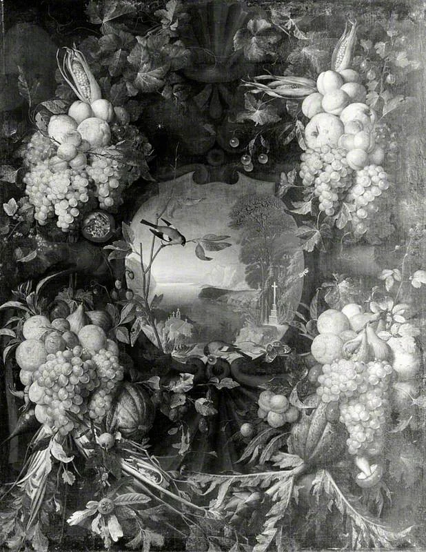 Garland of Fruit Surrounding a Cartouche Opening onto a Landscape, detail