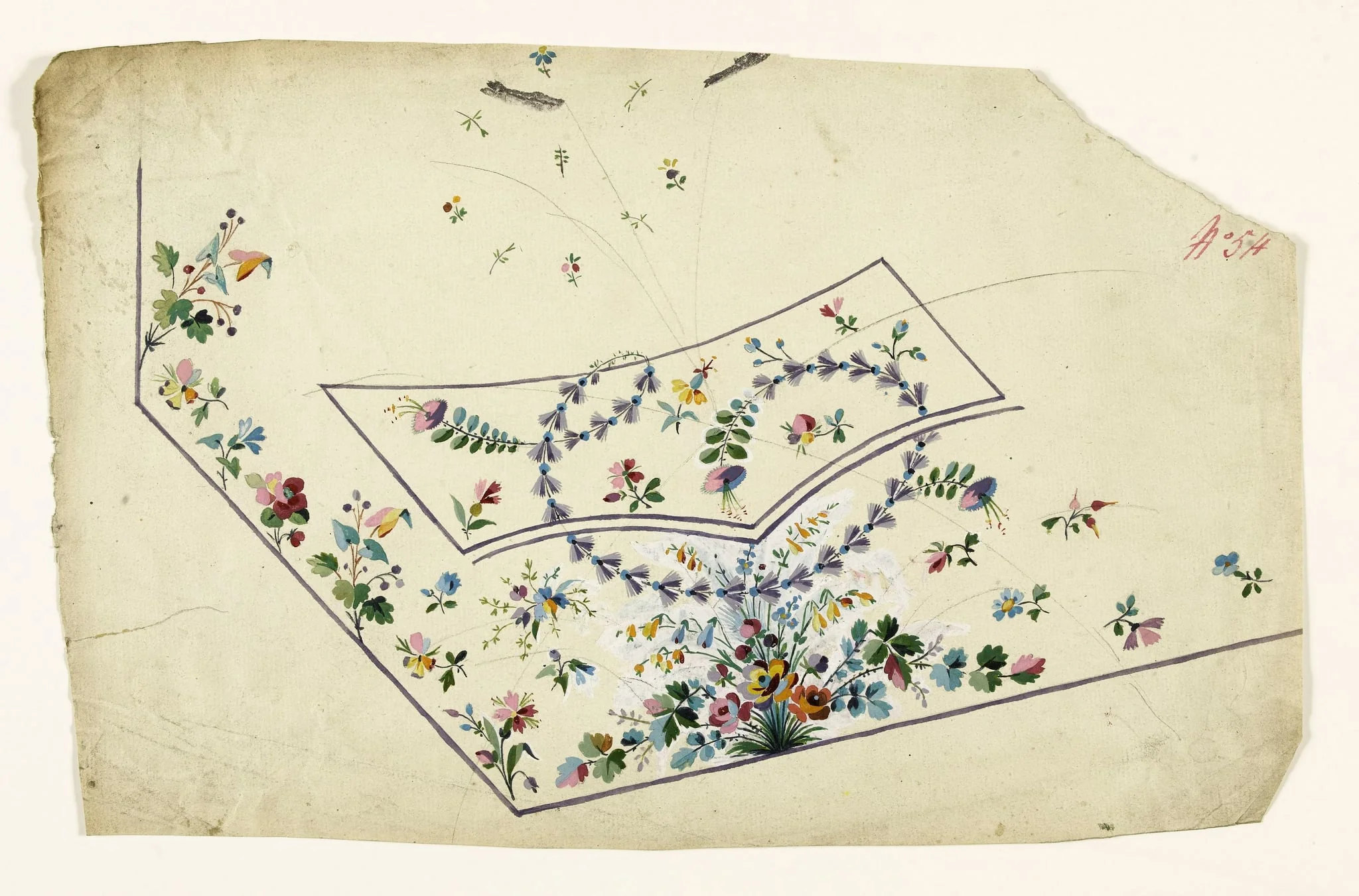 Composition de bouquets de fleurs multicolores et guirlandes de fleurs mauves, projets de broderies de gilet, XVIIIème siècle, detail