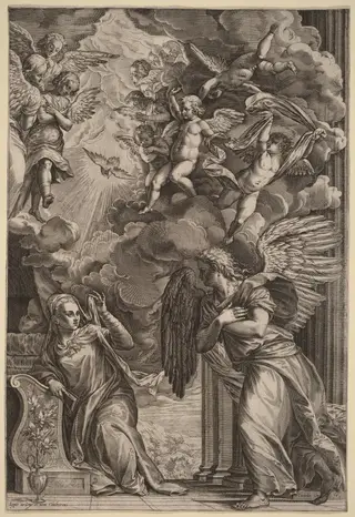 The Annunciation, by Cornelis Cort, ink, 1566