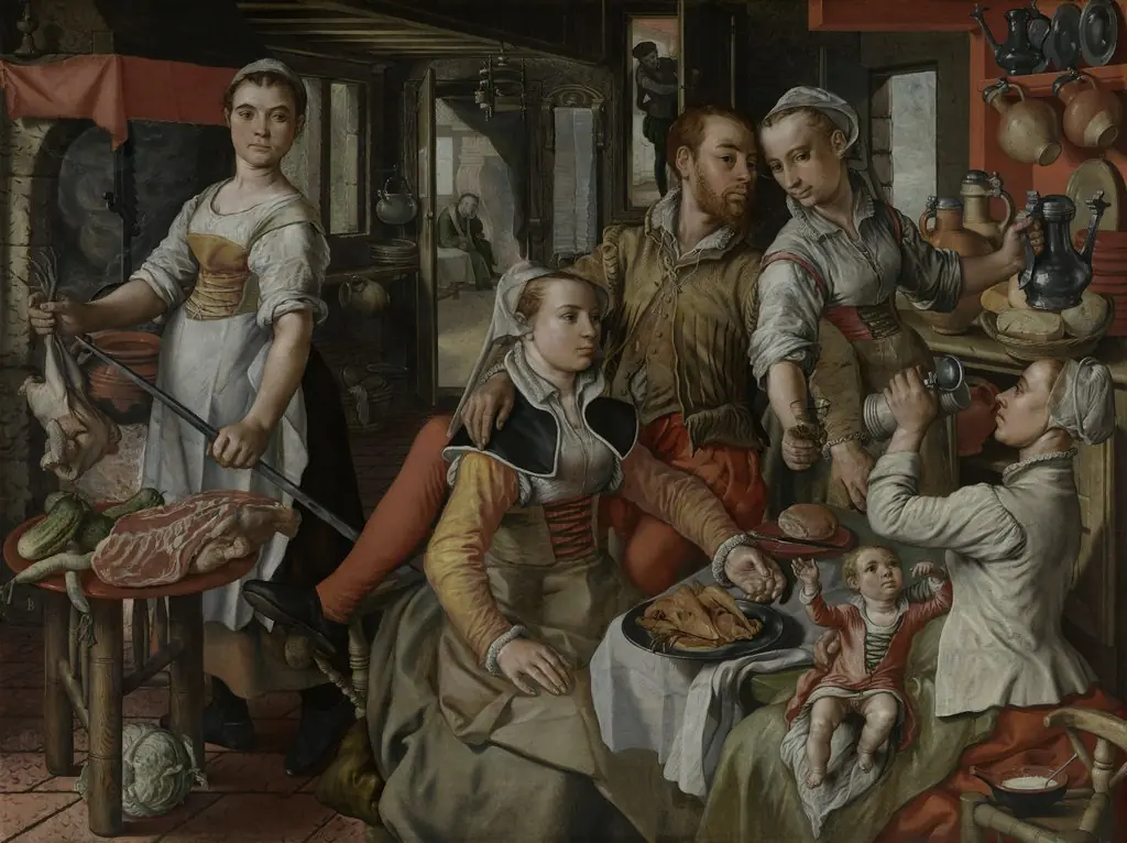 Brothel scene, by Joachim Beuckelaer, oil, 1563