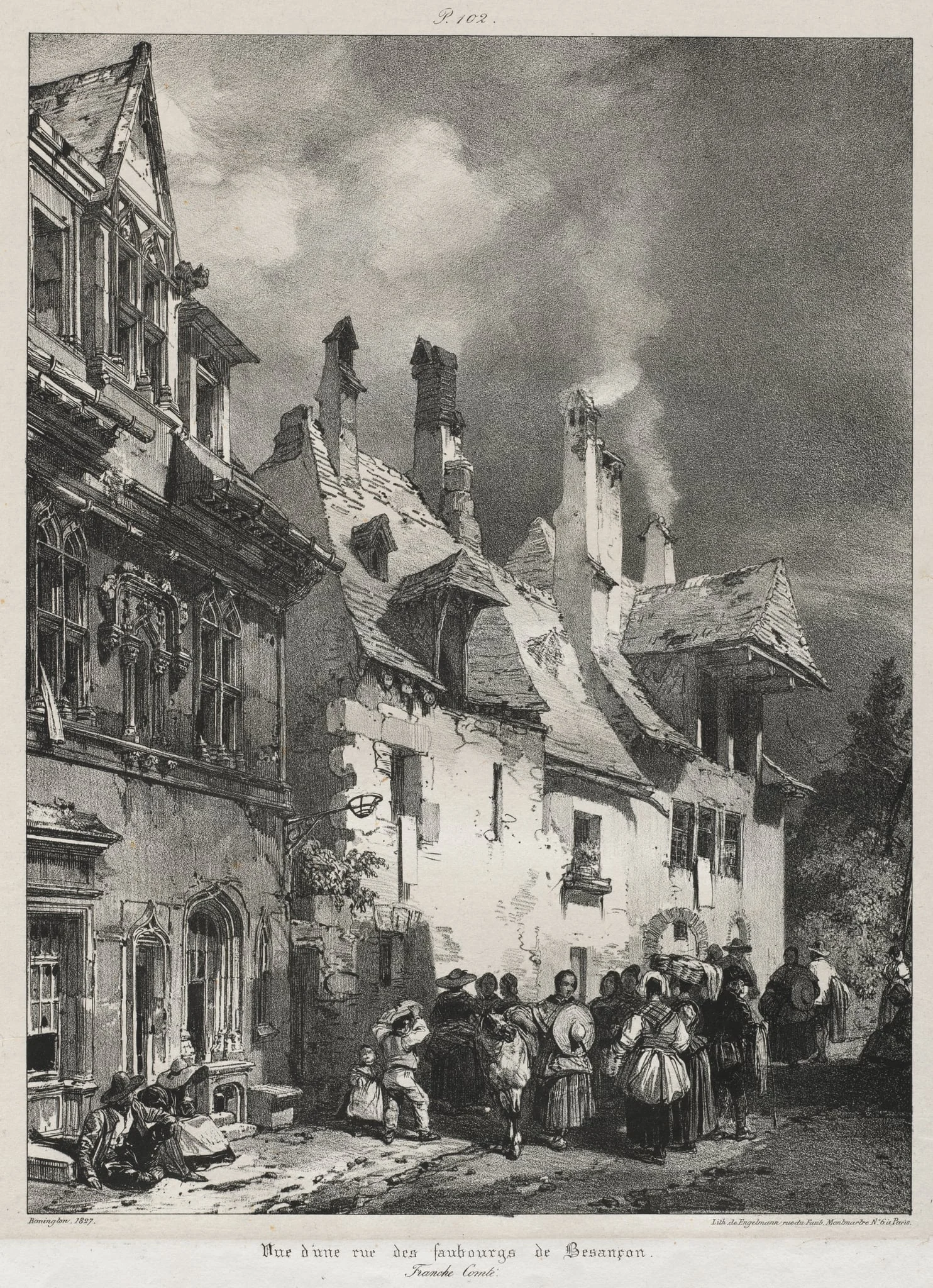 Voyages pittoresques et romantiques dans l'ancienne France, Franche-Comté: Vue d'une rue des faubourgs de Besançon, detail