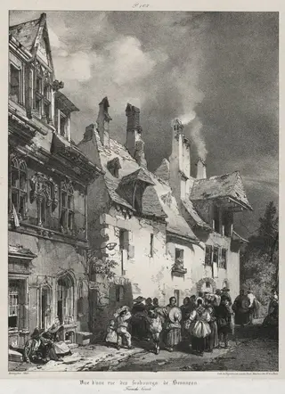 Voyages pittoresques et romantiques dans l'ancienne France,  Franche-Comté:  Vue d'une rue des faubourgs de Besançon, by Richard Parkes Bonington, 1825