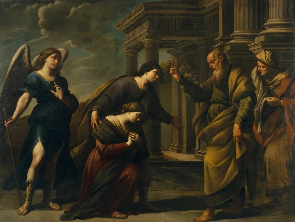 Raguel's Blessing of her Daughter Sarah before Leaving Ecbatana with Tobias, by Andrea Vaccaro, oil, 1640