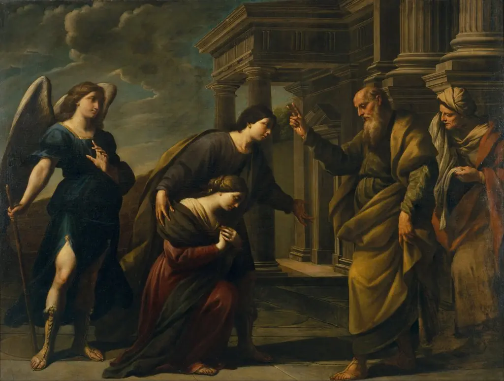 Raguel's Blessing of her Daughter Sarah before Leaving Ecbatana with Tobias, by Andrea Vaccaro, oil, 1640
