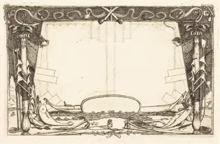Couverture du "Voyage à la nouvelle Zélande" (Cover for the Set of Etchings Entitled "A Voyage to New Zealand"), by Charles Meryon, ink, 1866