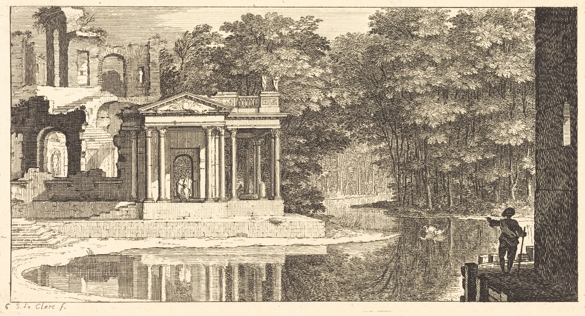 Landscape with Temple Ruins and Pond, detail