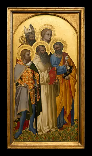 the Saints Peter, Benedict, Julian (?), Stephan (?), and a holy bishop (Nicholas of Bari?), by Nardo di Cione, oil, 1364