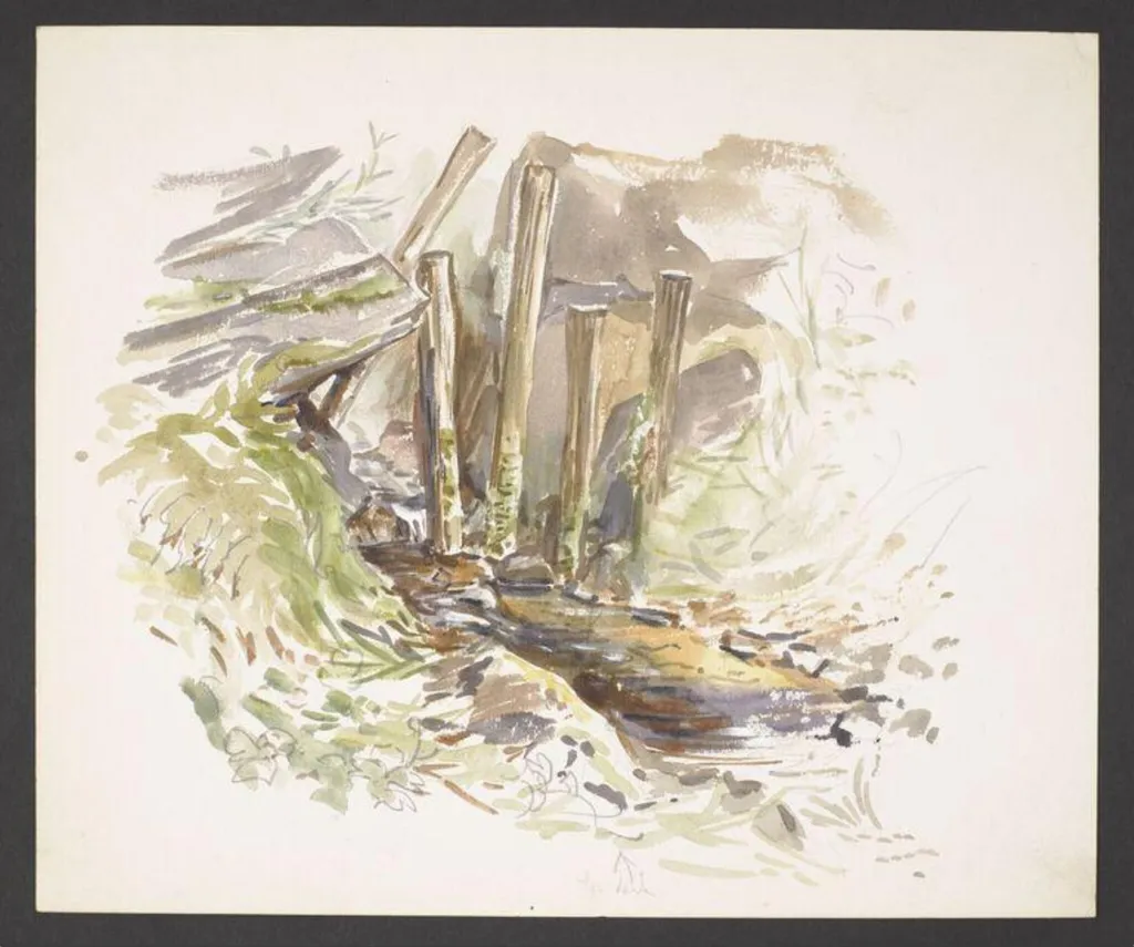 Study of a stream with wooden posts and boulders, by Beatrix Potter, watercolor, 1906