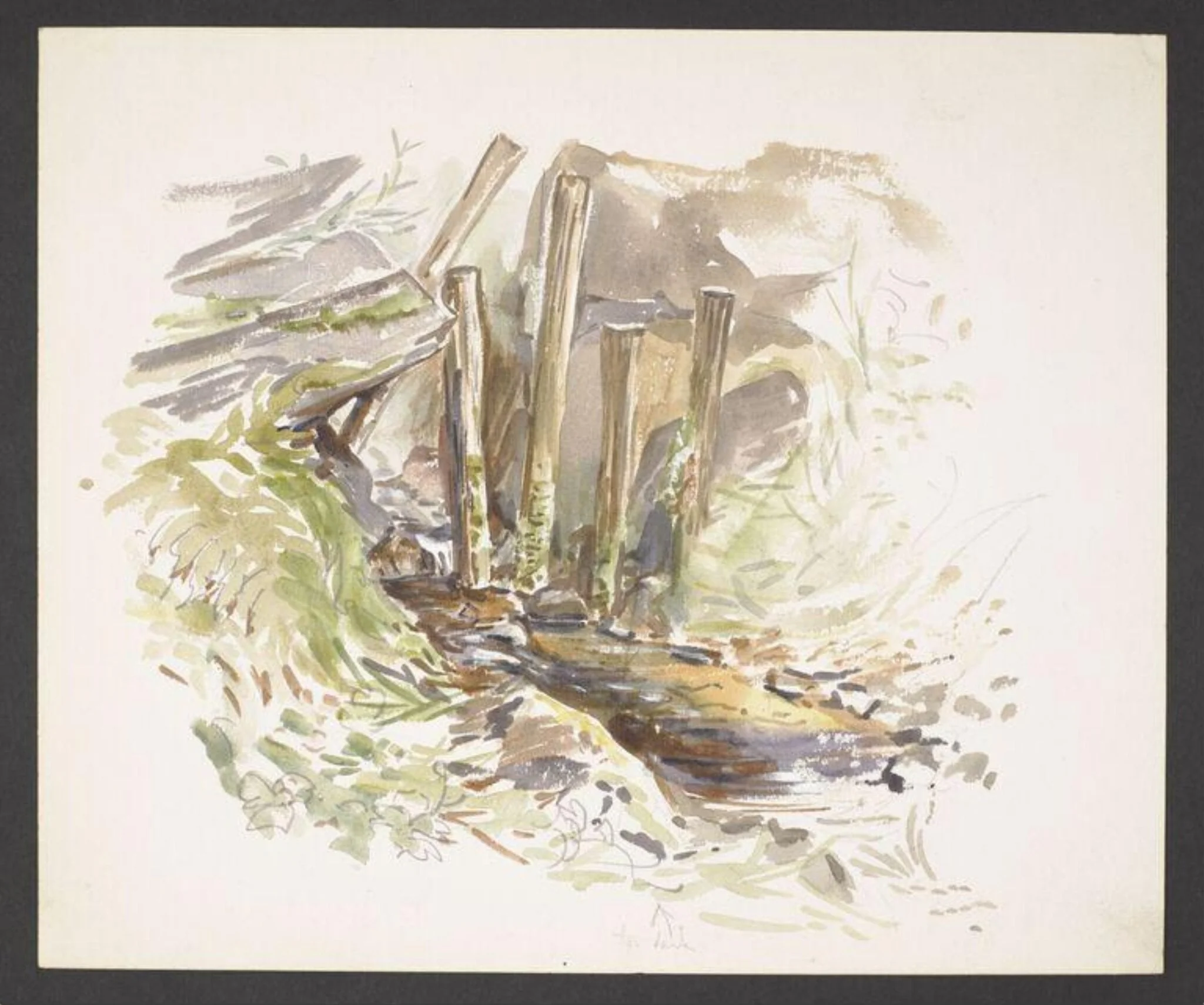 Study of a stream with wooden posts and boulders, detail