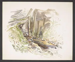 Study of a stream with wooden posts and boulders, by Beatrix Potter, watercolor, 1906