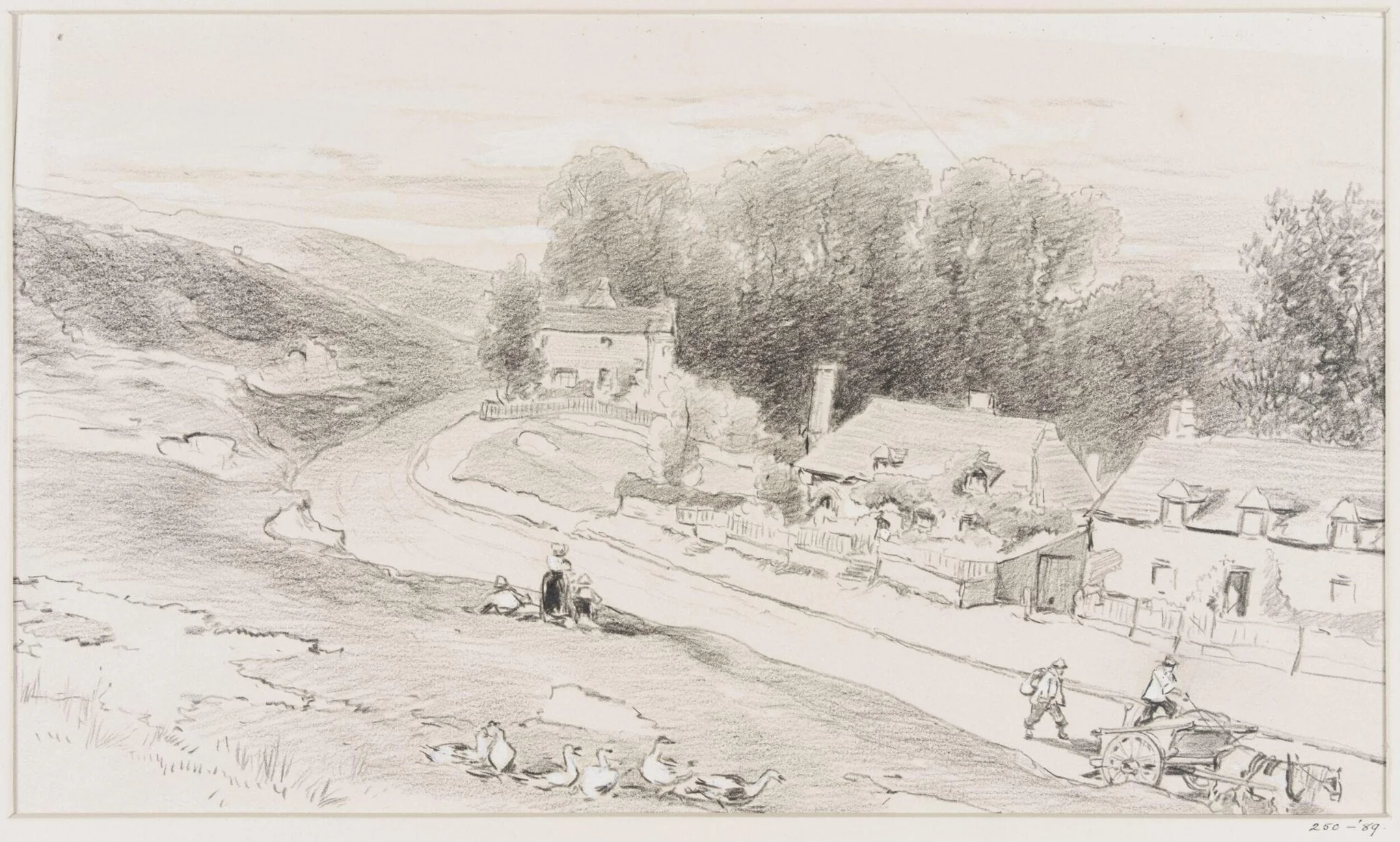 Road with cottages, carts, and geese, detail