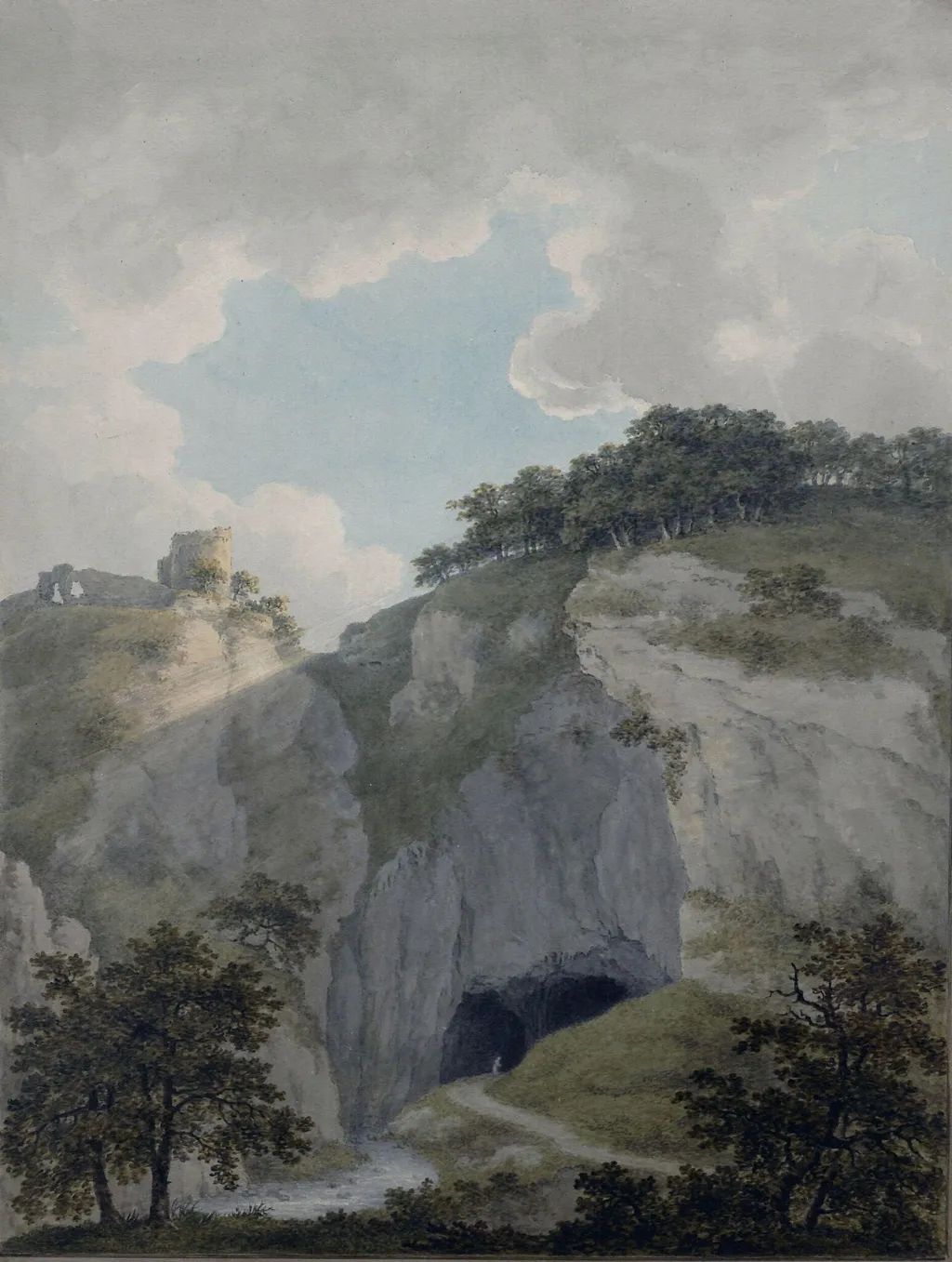 View of the Castle and Cavern at Castleton, Derbyshire, by Harriet Lister, watercolor, 1795