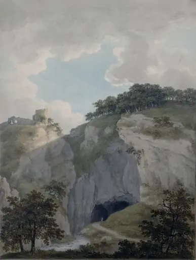 View of the Castle and Cavern at Castleton, Derbyshire, by Harriet Lister, watercolor, 1795