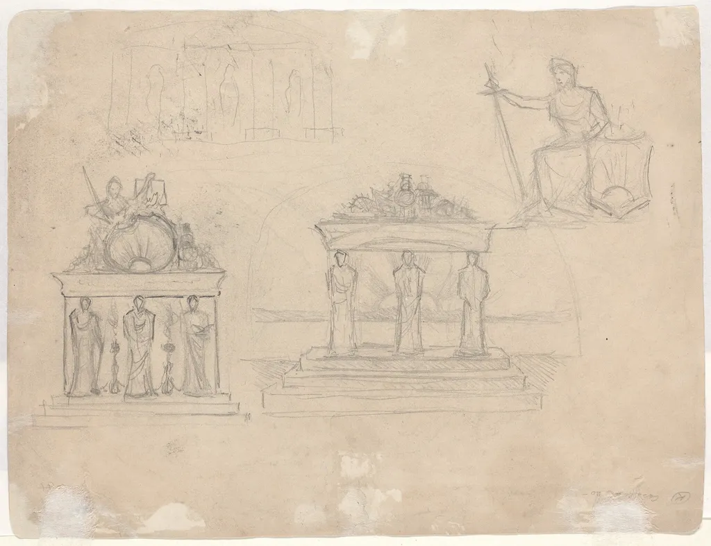 Studies of Classical Temple Facades and Seated Female Figure [verso], by John William Casilear, graphite, 1852