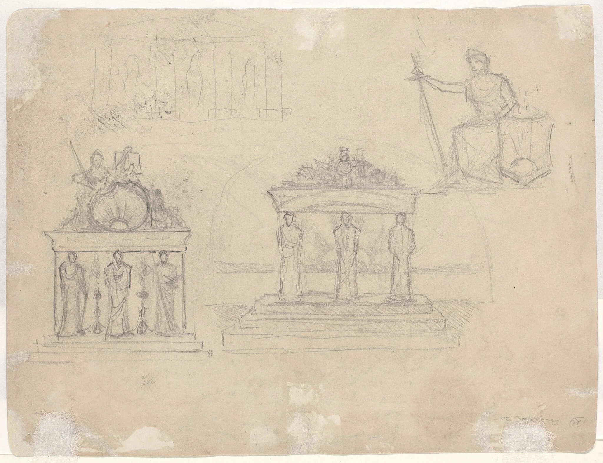 Studies of Classical Temple Facades and Seated Female Figure [verso], detail
